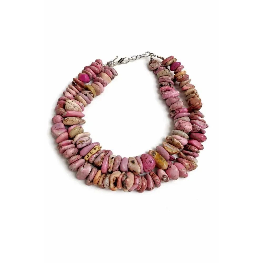 Chunky Pink Howlite Stone Necklace Double Strand Boho Statement Beaded Necklace